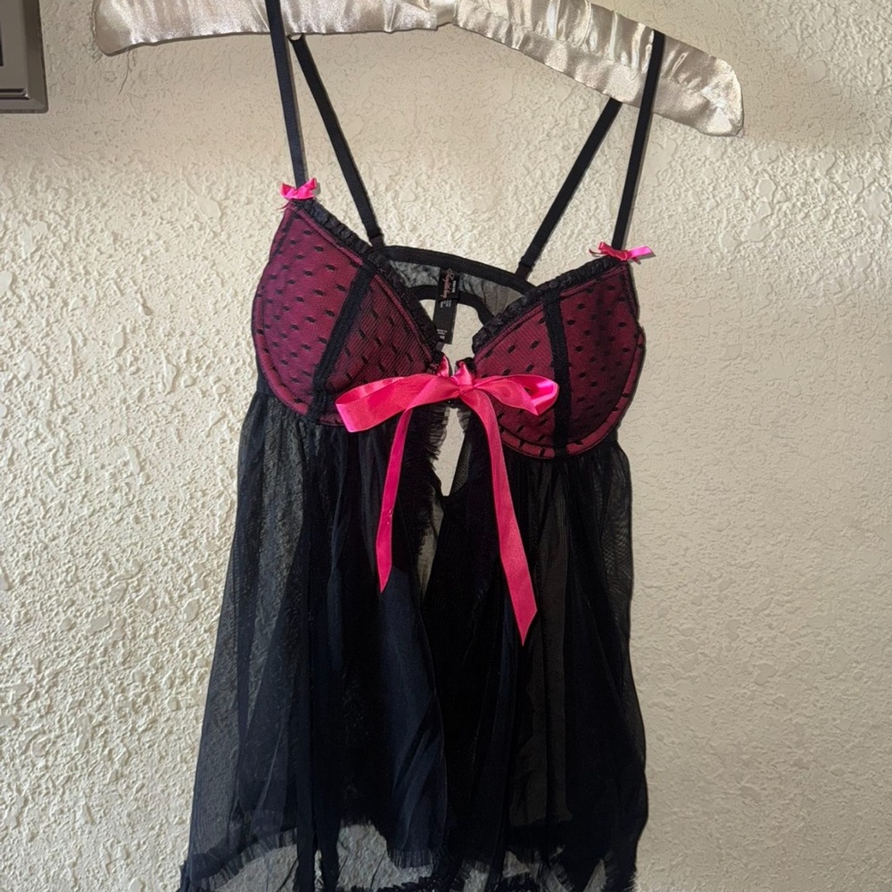 Victoria's Secret Black and Pink Chemise with Sheer Mesh